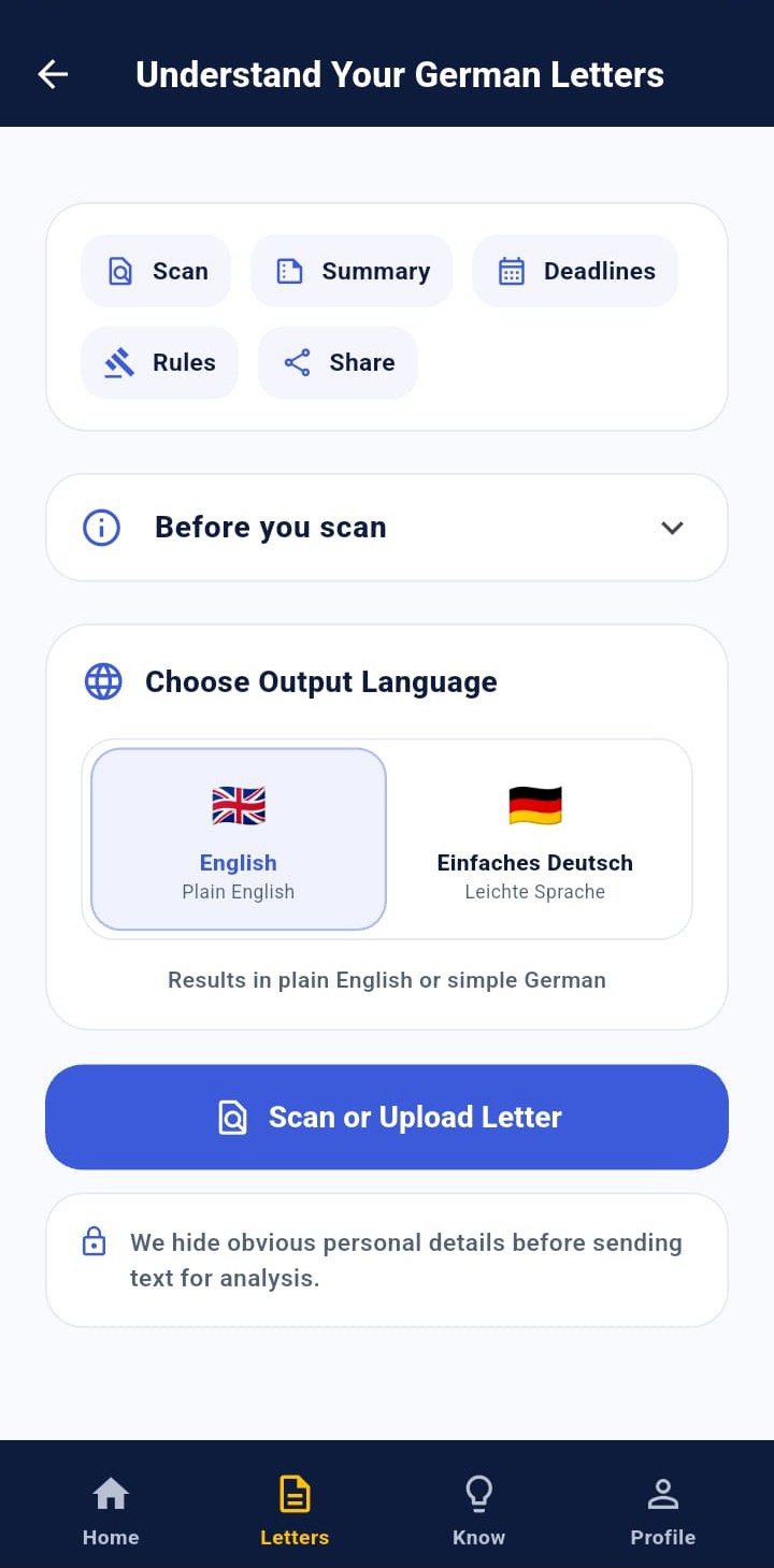 MyGermanFreund Letter Scanner screen